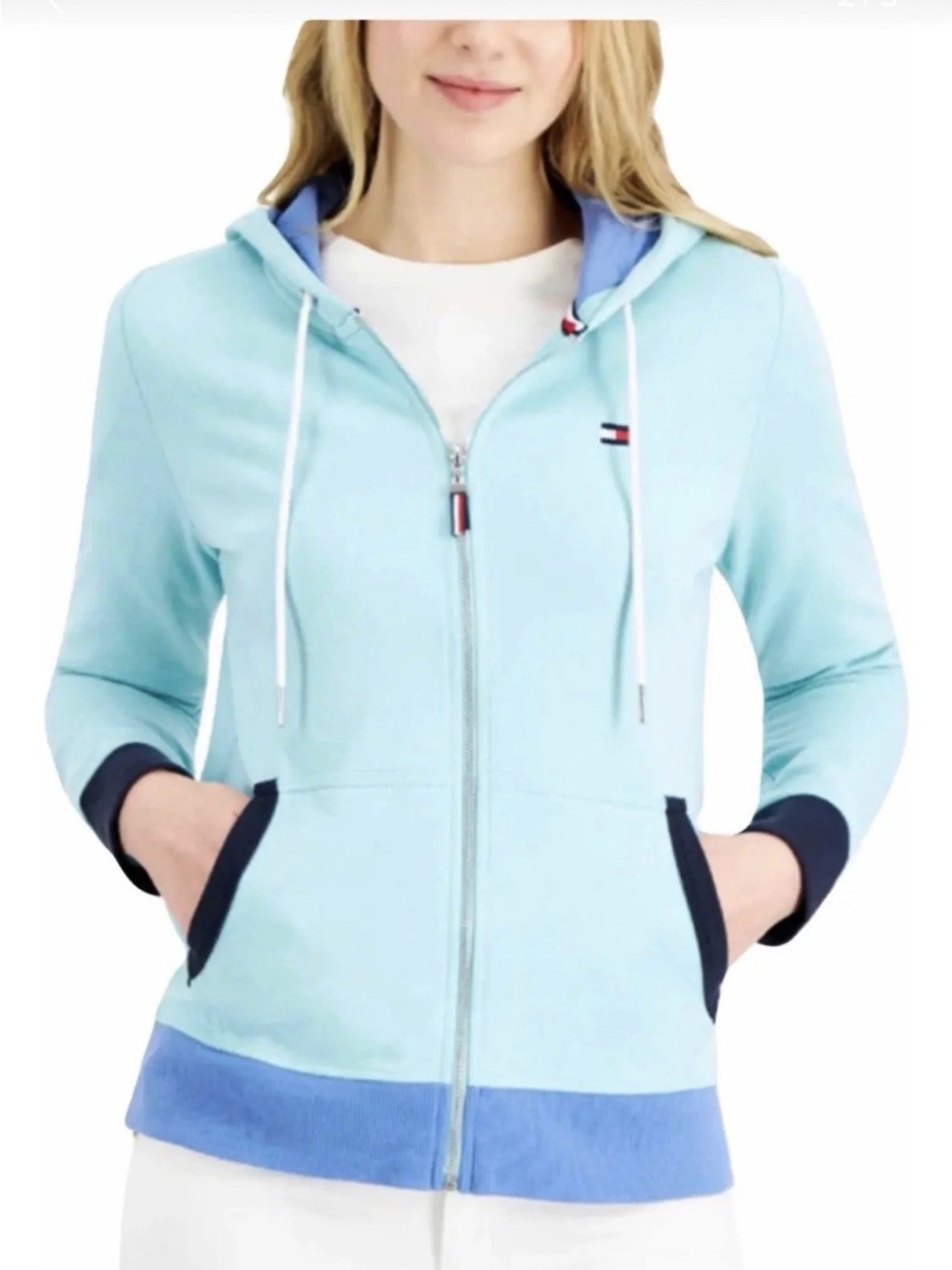 Tommy Hilfiger Colorblock Full Zip Hoodie Mint Green Blue Woman’s SZ.M